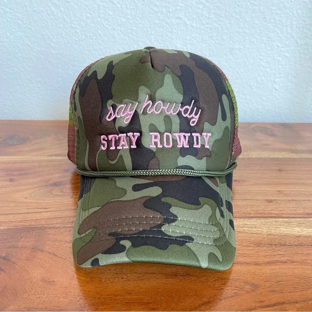 Camo Trucker Hat Embroidered Say Howdy Stay Rowdy Western Coastal Cowboy New